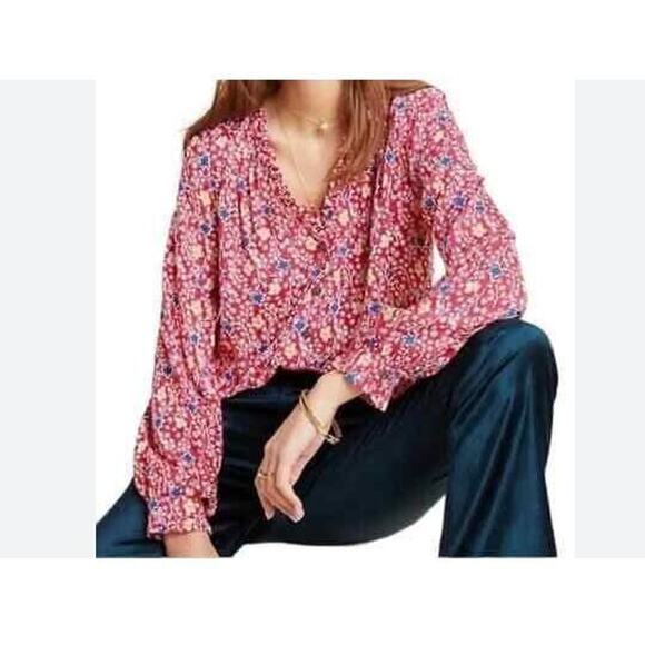 Maeve Anthropologie Size 6 Marisol Pink Floral Star Print V Neck Button Down Top - Picture 2 of 7
